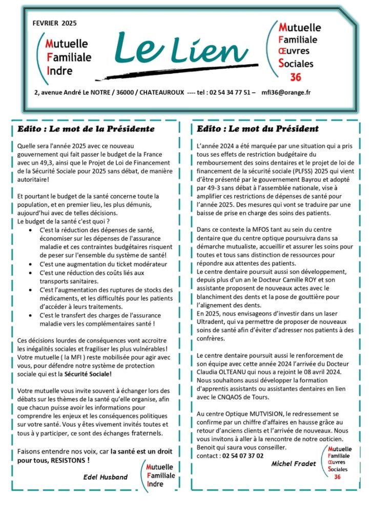 Mutuelle Familiale de l'Indre - Journal "Le lien" de Février 2022