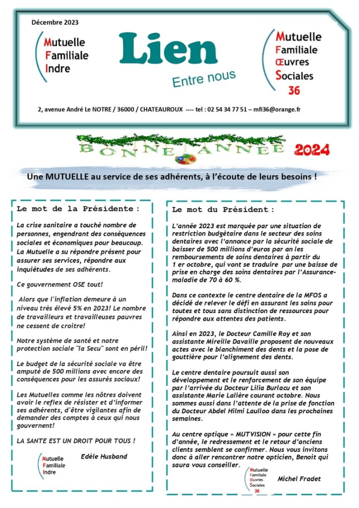 Mutuelle Familiale de l'Indre - Journal "Le lien" de décembre 2023